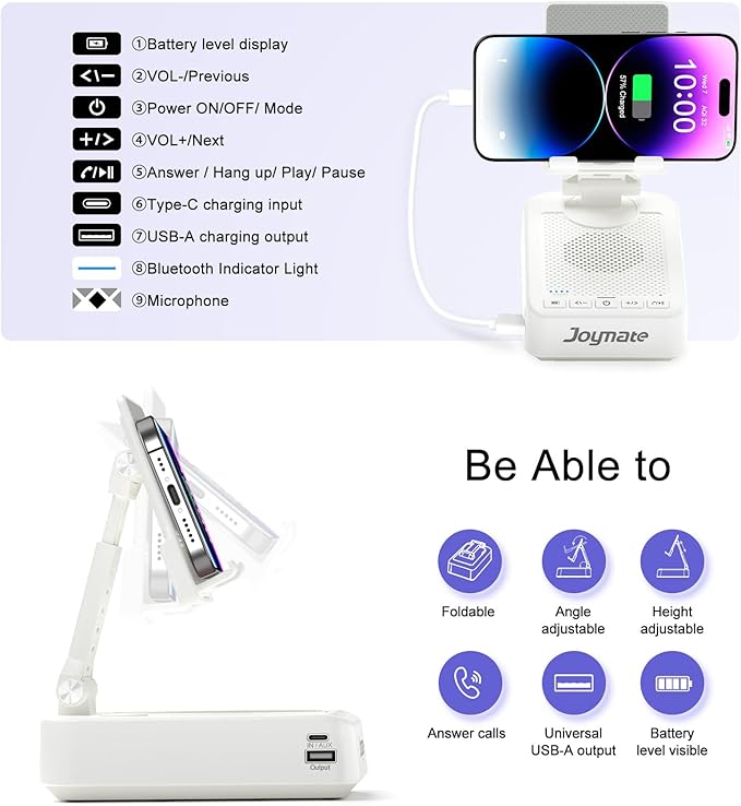 Gifts for Men Women, Bluetooth Speaker Phone Stand with Charging Function 360° Rotable Adjustable Cell Phone Holder HD Surround Sound for Desk Fits All Phones,Tablet (White)