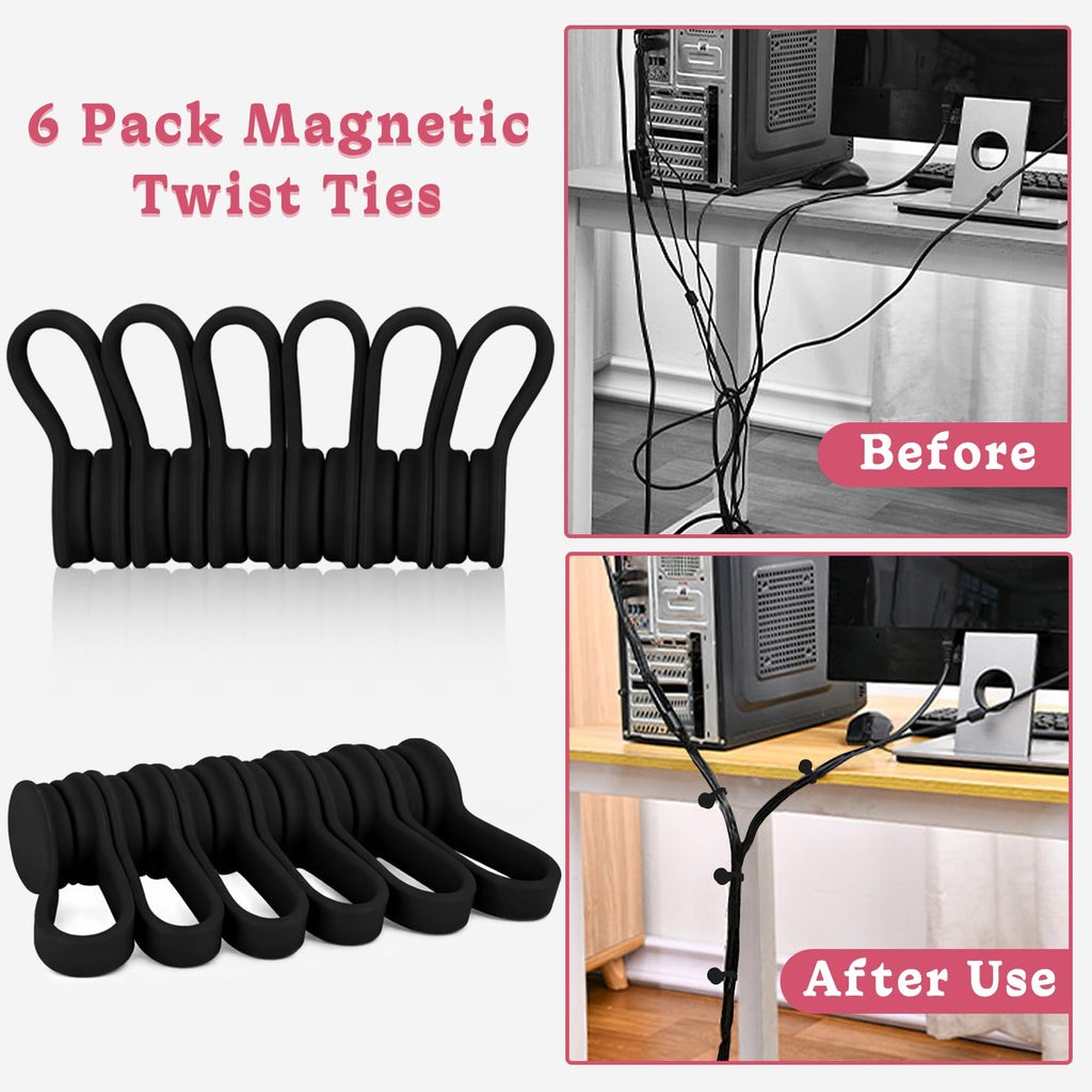 Viaky Magnetic Cable Ties 6-Pack,Silicone Cord Ties Cable Clips,Black