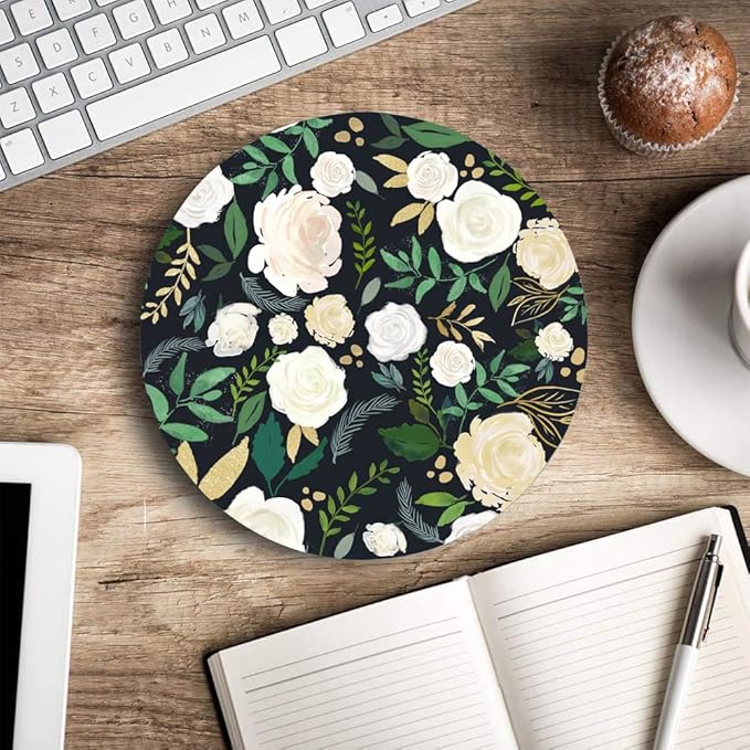 Round Mouse Pad, Floral Mouse Pad, Washable Mousepads with Lycra Cloth, Non-Slip Rubber Base Small Wireless Mouse Pads for Office Laptop, Flowers