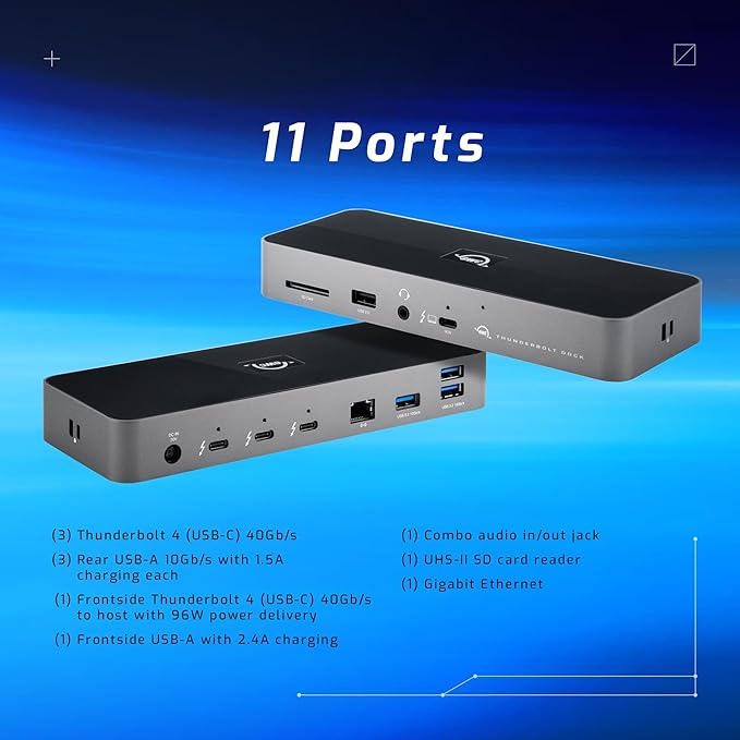 OWC 11-Port Thunderbolt Dock, 96W Charging, Single 8K Display or Dual 5K displays, 3 x Thunderbolt, 4 x USB, GbE, SD, Compatbile M1/M2 Macs, Thunderbolt 3 Macs, Thunderbolt 4 PCs, and USB-C Devices