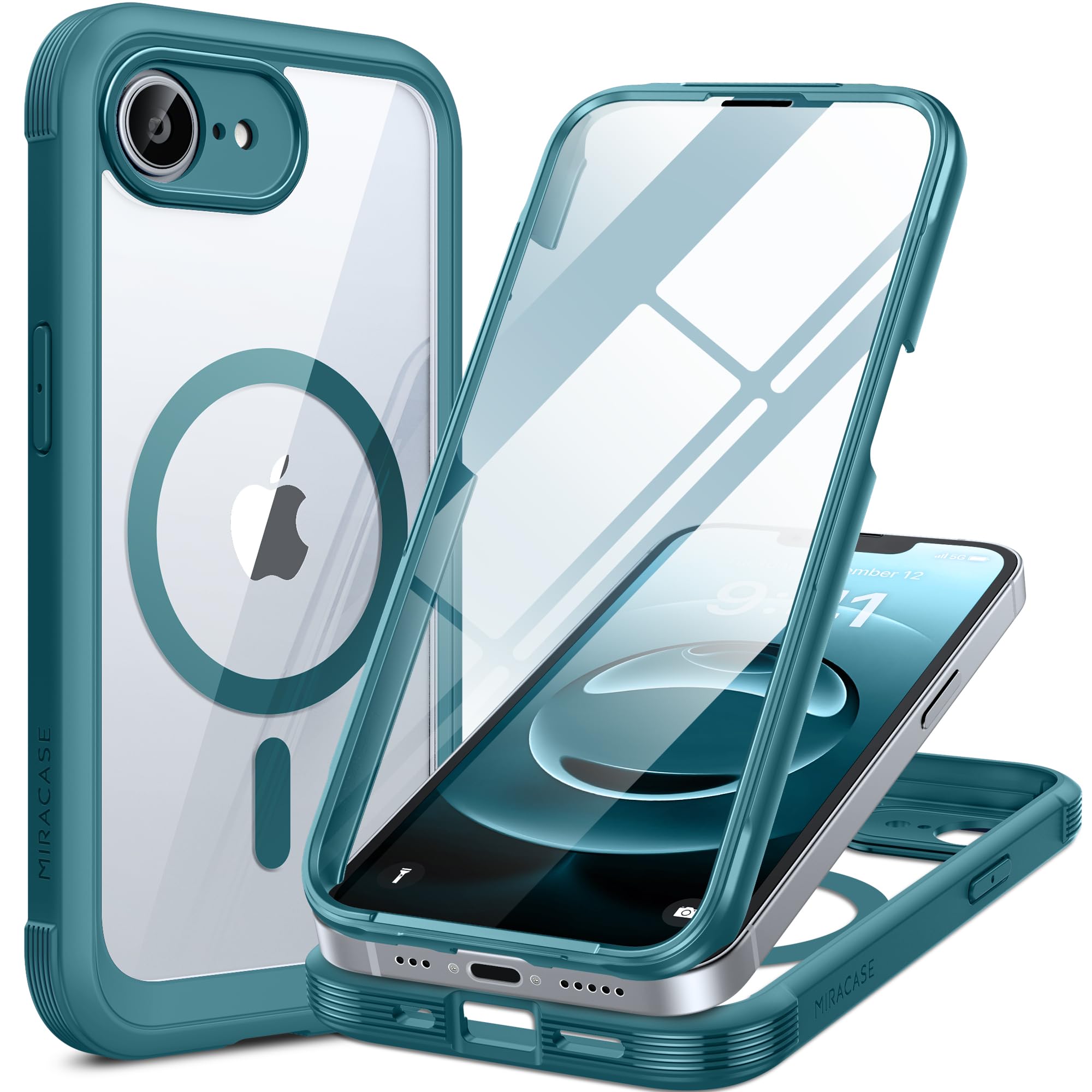 Miracase for iPhone 17e Case & iPhone 16e Case, Full-Body Phone with Built-in Glass Screen Protector, [Magnetic with MagSafe] Military Drop Proof 17 E/ 16 E Cover Bumper 6.1 inch, Green