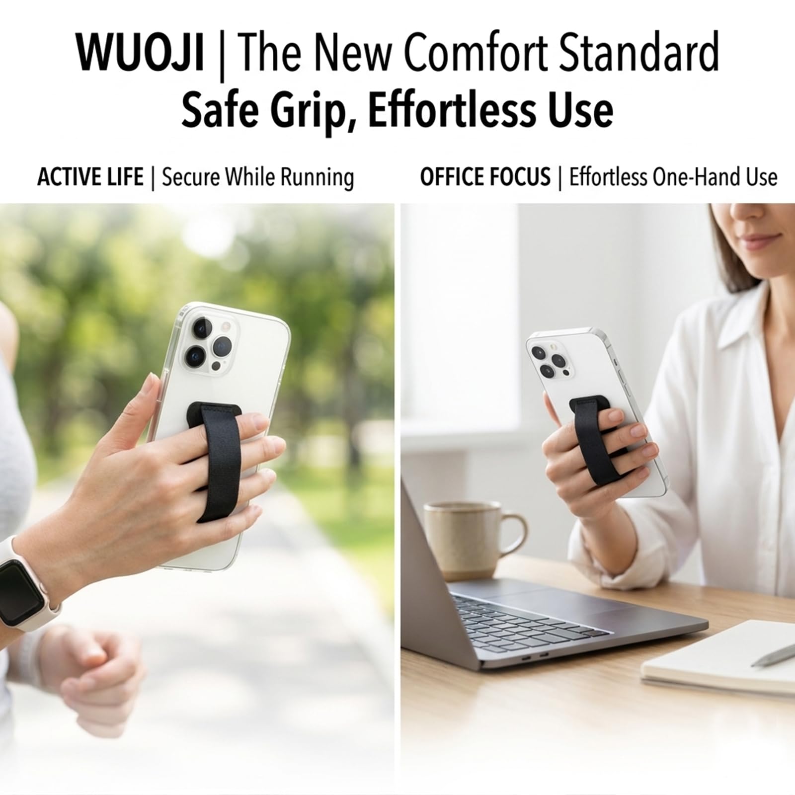 WUOJI Phone Grip Holder for Hand, Universal Finger Strap Phone Holder, Finger Selfie Grip Compatible with Most Smartphones (PU Black) - 2Pack