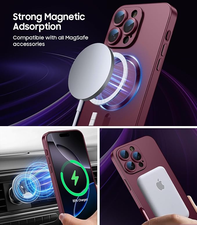 Magnetic for iPhone 16 Pro Max Case [Compatible with MagSafe][Built-in Camera Lens Protector] Slim Soft Silicone Bumper Shockproof Metallic Luster Phone Case (Burgundy)