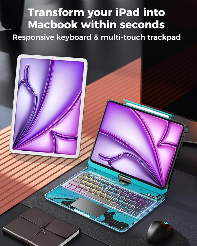 SIEBITU Clear Wireless Keyboard Case for iPad Air 13-inch (M3 2025/M2 2024) & iPad Pro 12.9-inch 6th 5th 4th 3rd Gen with Pencil Holder, Multi-Touch Trackpad & 7-Color Backlit, 360°Rotating, Blue