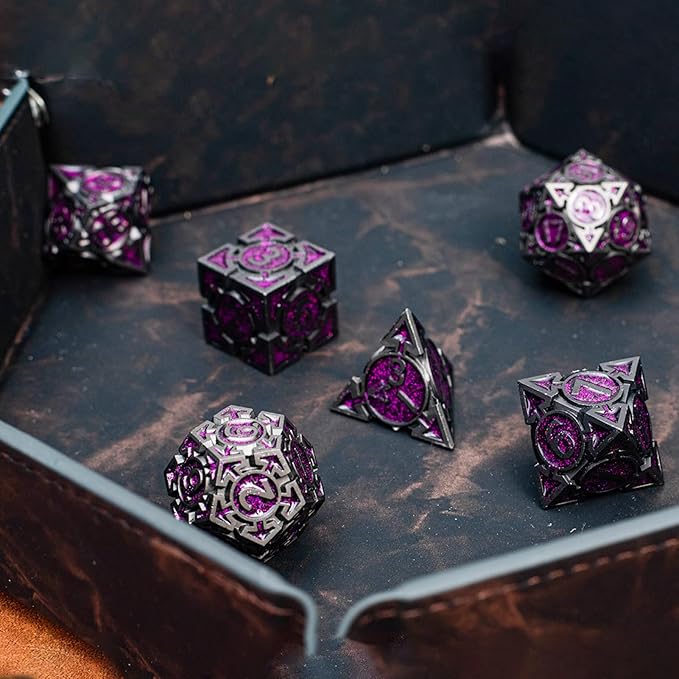 Purple Black Nickel Finish Heavy Metal DND Dice Set (Warlock) with A Metal Box, Sharp Edge Zinc Alloy D&D Accessories, D4-D20, Designed for Dungeons & Dragons Master, RPG Player, Starter