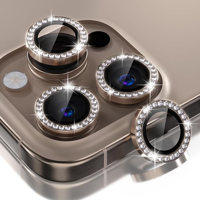 Choiche Compatible for iPhone 16 Pro/iPhone 16 Pro Max Camera Lens Protector Bling, 9H Tempered Glass Camera Cover Screen Protector Metal Ring Decoration Accessories (Diamond-Titanium Desert)