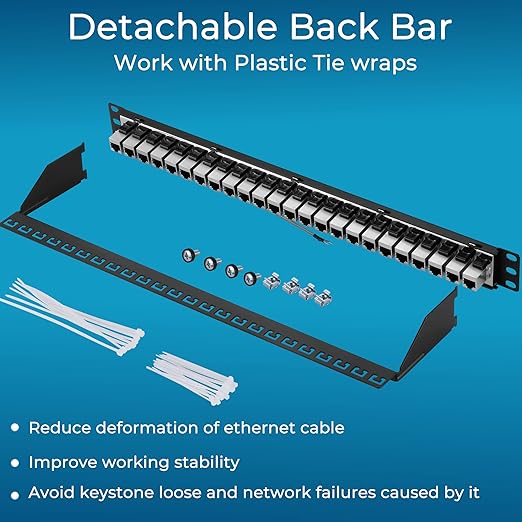 Rapink Patch Panel 24 Port Cat7 with Inline Keystone 10G Support, Coupler Patch Panel STP Shielded 19-Inch with Removable Back Bar, 1U Network Panel for Cat7, Cat6, Cat6A, Cat5e,