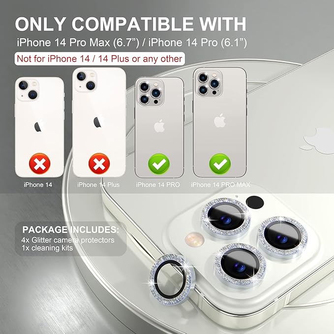 Choiche [3+1 for iPhone 14 Pro/iPhone 14 Pro Max Camera Lens Protector Bling, 9H Tempered Glass Camera Cover Screen Protector Metal Ring Decoration Accessories (Glitter-Silver)