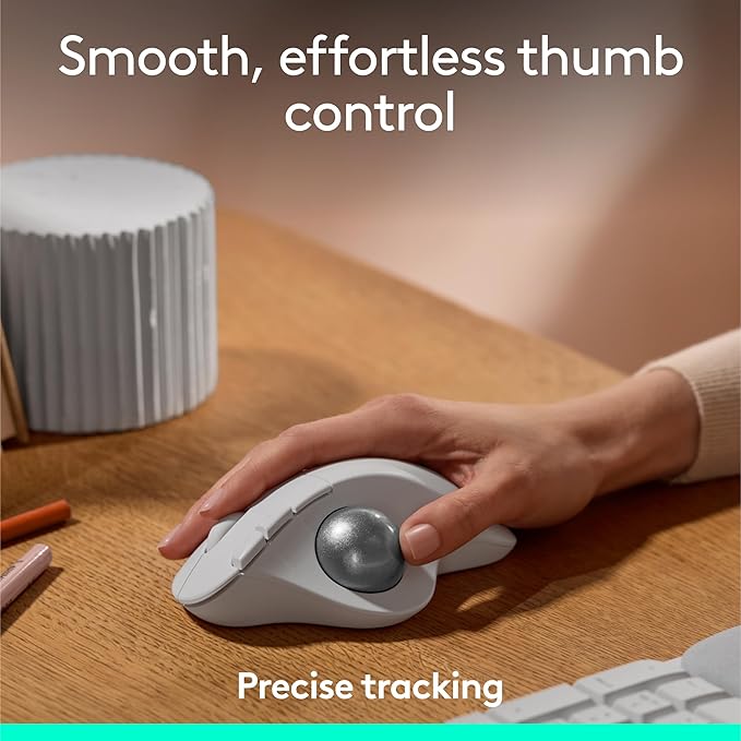 Logitech Ergo M575S Wireless Trackball Mouse, Wireless Ergonomic Mouse with Bluetooth and Encrypted Dongle, Comfortable Thumb Control, Precise and Smooth Tracking, for PC/Mac - Off- White Silver Ball
