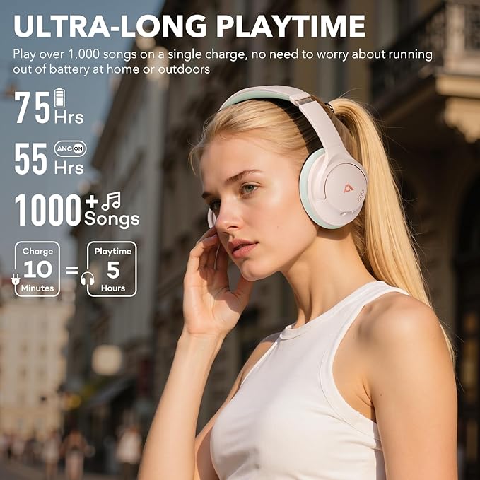 1Mii Y8+ Noise Cancelling Headphones Bluetooth, Wireless LDAC Hi-Res Audio, Custom EQ via App, 75H Playtime, Comfort Fit, Over Ear Headphones Foldable for Airplane Travel Home Office Beige Green