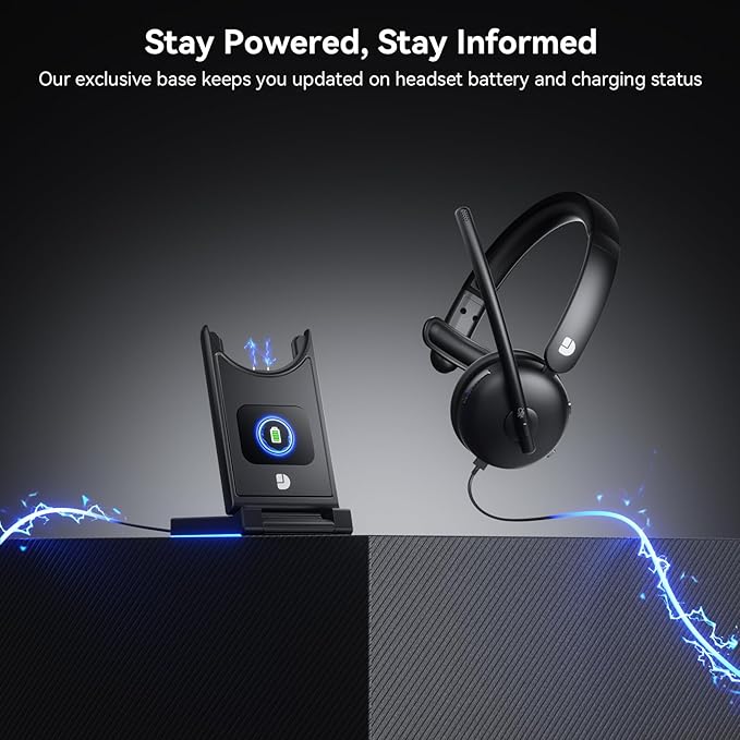 Wireless Headset with Mic for Work, Wireless Headset with Microphone (Noise Cancelling), Smart Mult-Func Dock, 65H Worktime&Fast Charge Bluetooth Headphones for Work/PC/Computer/Call Center/Teams/Zoom