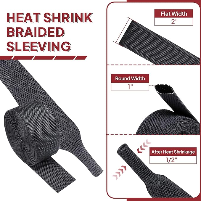 Heat Shrink Wire Loom 2:1 Shrinkable Braided Cable Sleeve 1 Inch ID-46ft Abrasion Protection Flexibility Fabric Wiring Harness Cover Sheath