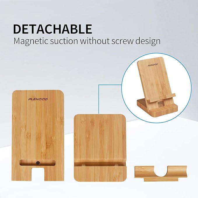 Wood Phone Stand, Desktop Wooden Phone Holder, Portable Office Phone Stand for Desk, Wood ipad Stand， Compatible with iPhone & All Cell Phones (Bamboo)