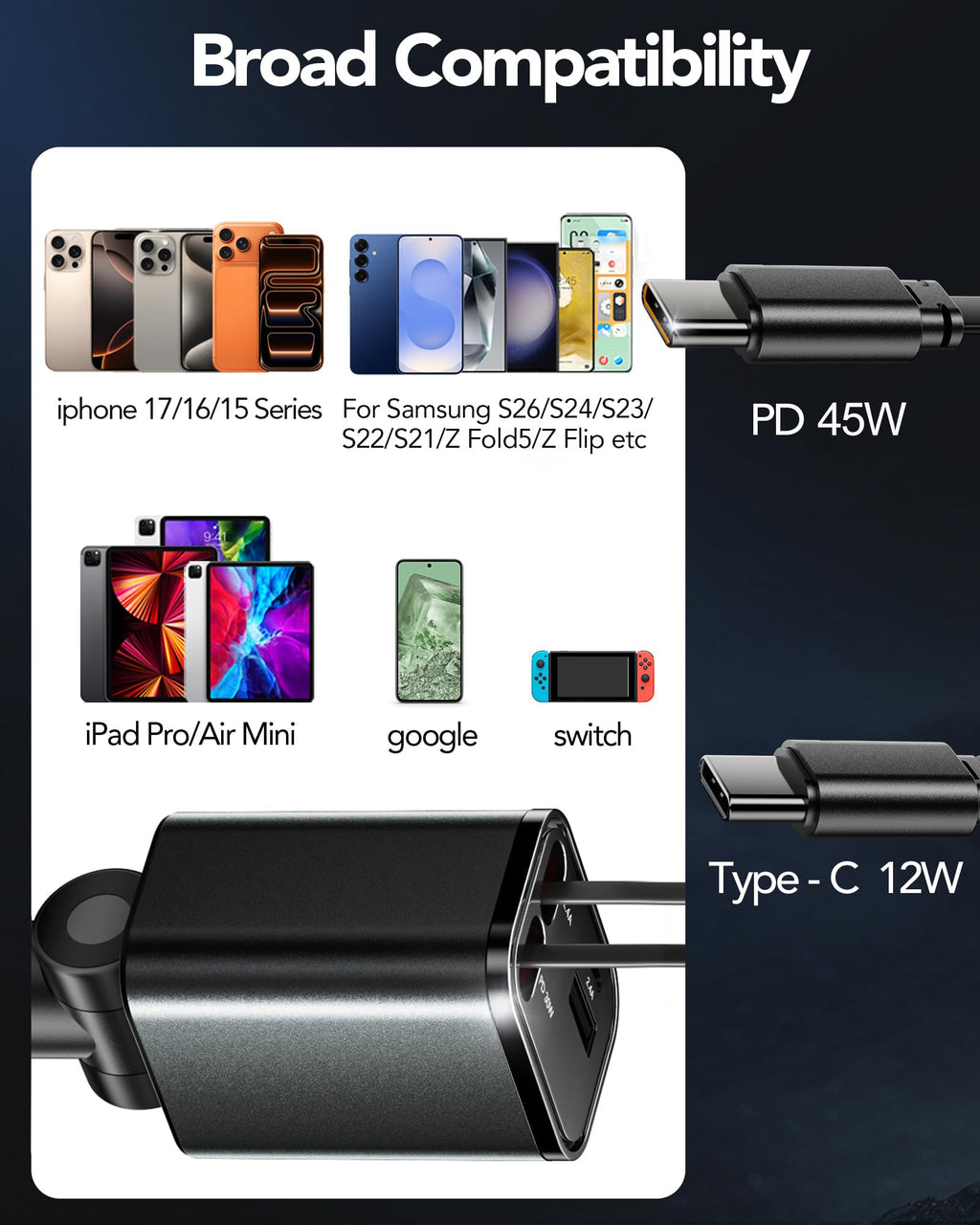 84W Retractable Car Charger,Car Phone Charger USB C Fast Charge for iPhone