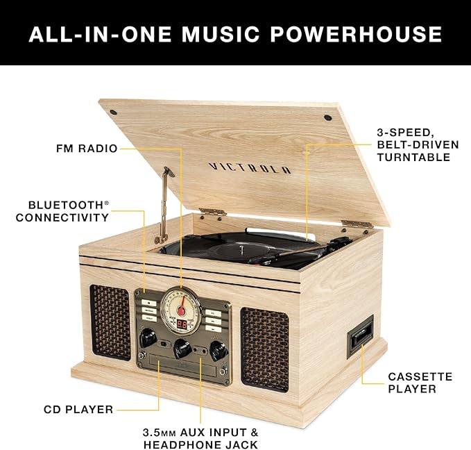 Victrola The Quincy 6-in-1 Bluetooth Record Player & Multimedia Center with Built-in Speakers – 3-Speed Turntable, CD & Cassette Player, AM/FM Radio, Wireless Music Streaming (Grey Wood)