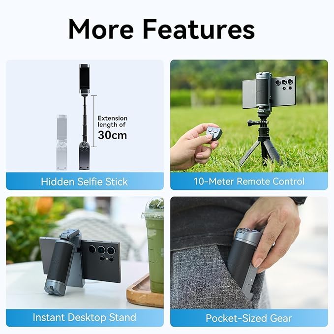 TELESIN° Smartphone Grip Selfie Stick, Bluetooth Mobile Phone Handle Holder, Mobile Phone Shutter Grip with Detachable Remote for One-Handed Control Compatible Samsung Android Video Shooting