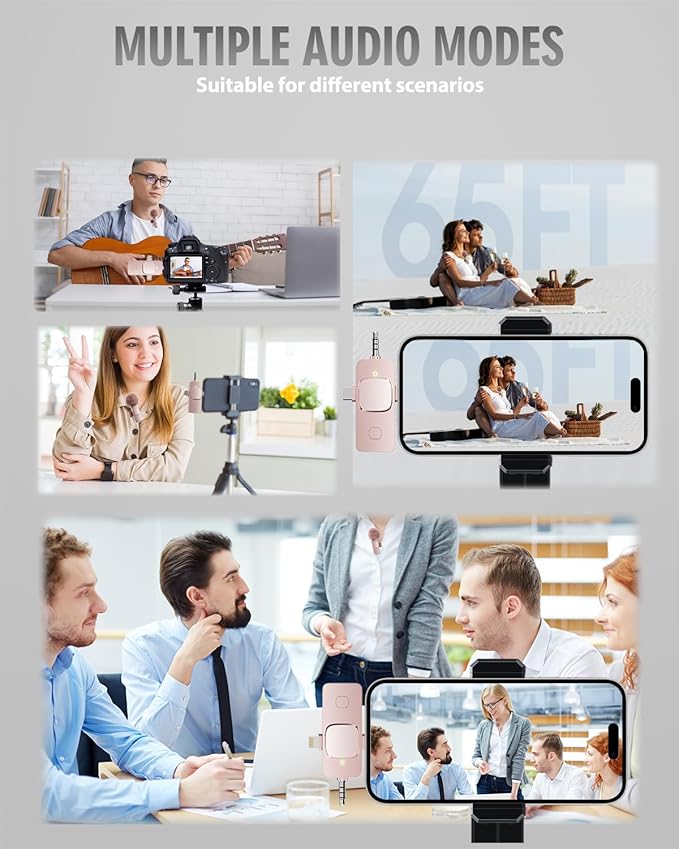 PQRQP 3 in 1 Wireless Lavalier Microphone for iPhone, iPad, Android, Camera, Mini Microphone, 7-Hour Battery, High Definition Sound Quality for Interview, Video Podcast, Vlog (Pink)