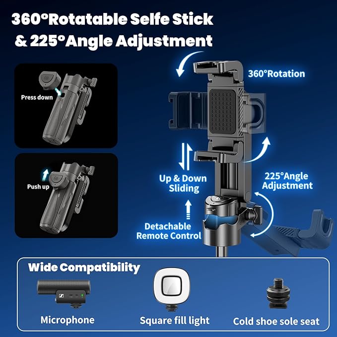 Mini Selfie Stick, Pocket Size Extendable Phone Holder with Wireless Detachable Remote Control for Content Creation/Vlog/Video Record/Live Stream