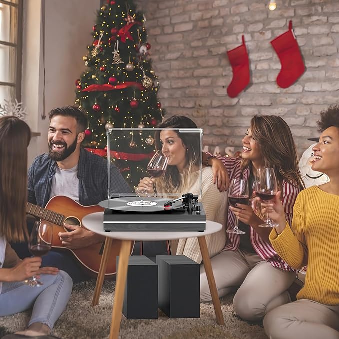 Vinyl Record Player with Dual Separate Stereo Speakers Vintage Turntable with BT Wireless Input Playback Belt Drive 3 Speed 3 Size Playback Record Player Support AUX Headphone Input RCA Out Auto Stop