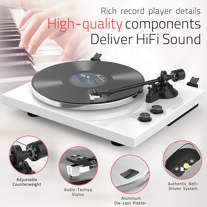 Record Player Turntables with Wireless Output Connectivity Vinyls Players Belt-Drive 33 45 RPM Speed Phono Line USB Digital to PC Recording MM Cartridge AT-3600L Classic New Sleek Piano White