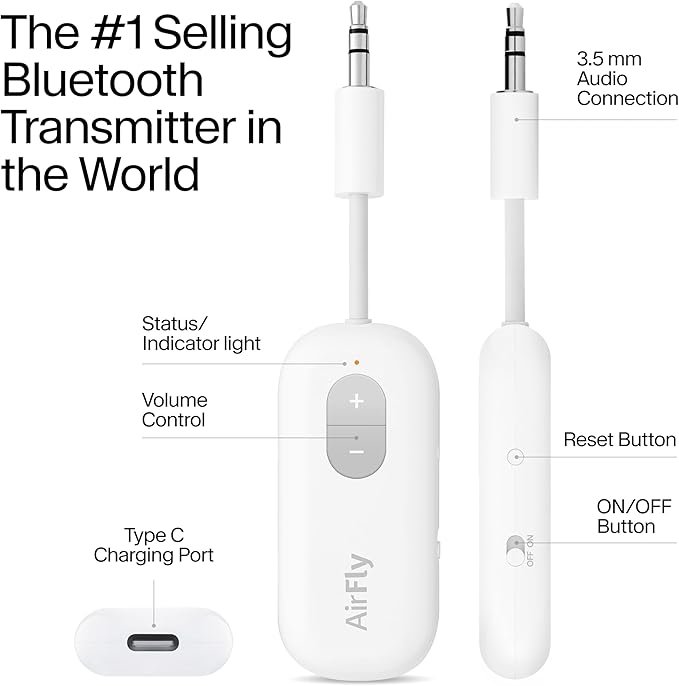 Twelve South AirFly SE, Bluetooth Wireless Audio Transmitter for AirPods/Wireless or Noise-Cancelling Headphones; Use with Any 3.5 mm Audio Jack on Airplanes, Gym Equipment or iPad/Tablets (Black)