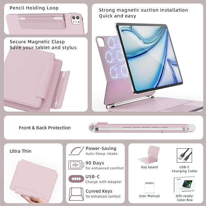 for iPad Air 13 inch Case with Keyboard (M3,2025 / M2,2024), iPad Pro 12.9 (6th/5th/4th/3rd Gen) Magic Keyboard, Springy Backlit Keys, Stain-Resistant Surface, Multi-Touch Trackpad, Pink