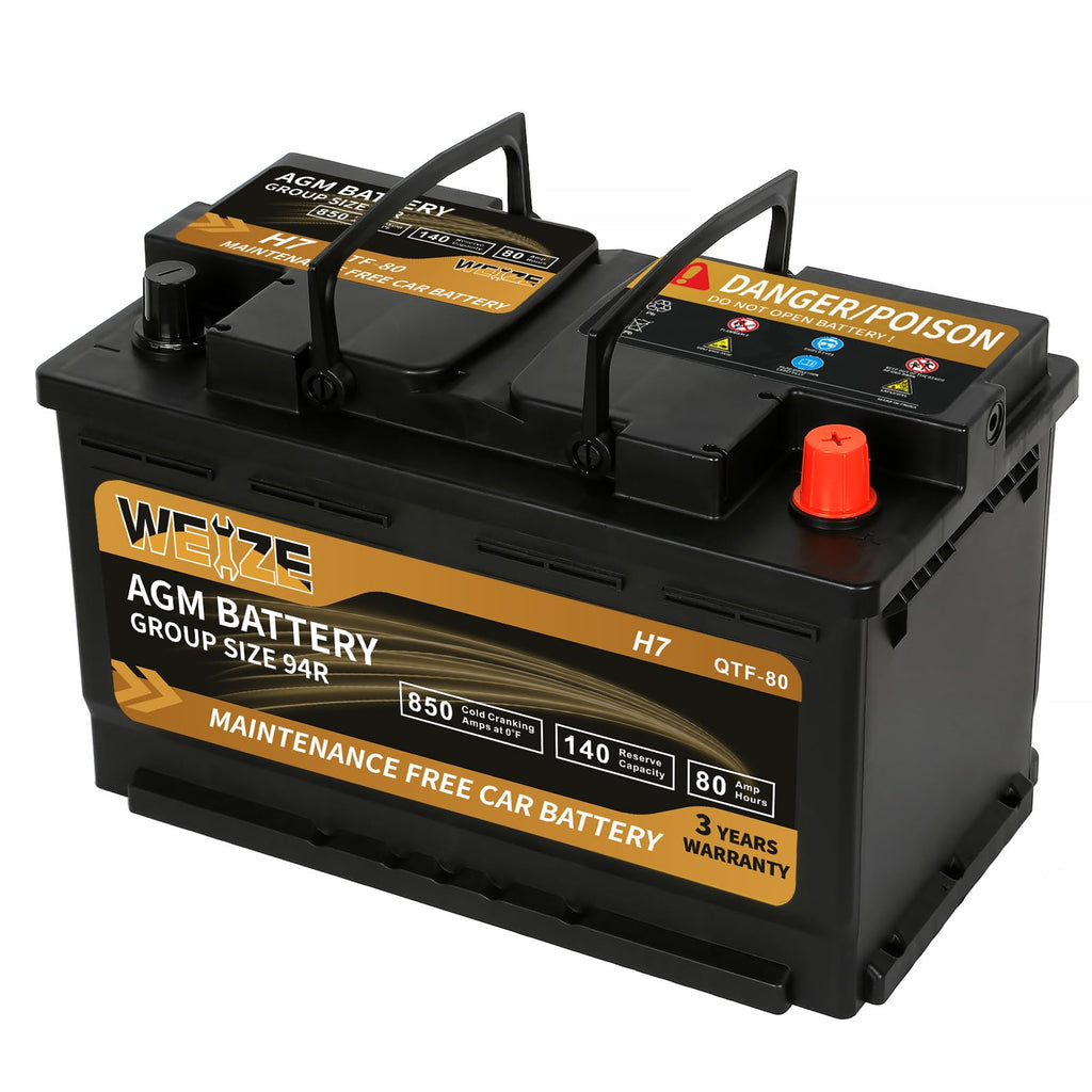 Weize Platinum AGM Battery BCI Group 94R - 12v 80ah H7 Size 94R Automotive Battery, 140RC, 850CCA, 36 Months Warranty, Dimensions 12.4" L x 6.89" W x 7.48" H