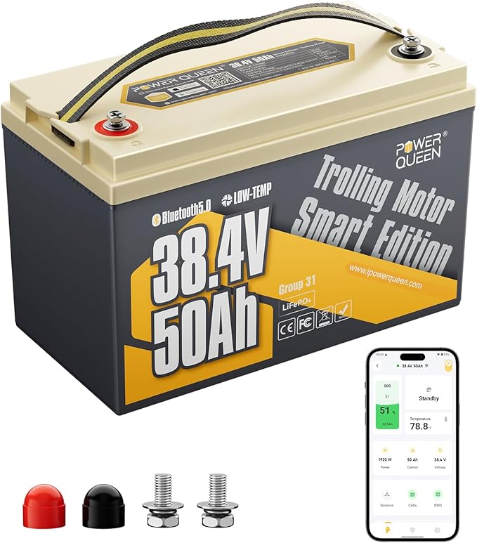 Power Queen 36V50Ah LiFePO4 Battery with Bluetooth 5.0 Remote Control, Low-temperature Protection, 1920Wh Energy, Deep Cycle Lithiumn Battery for 36V Trolling Motor Up To 120 lb