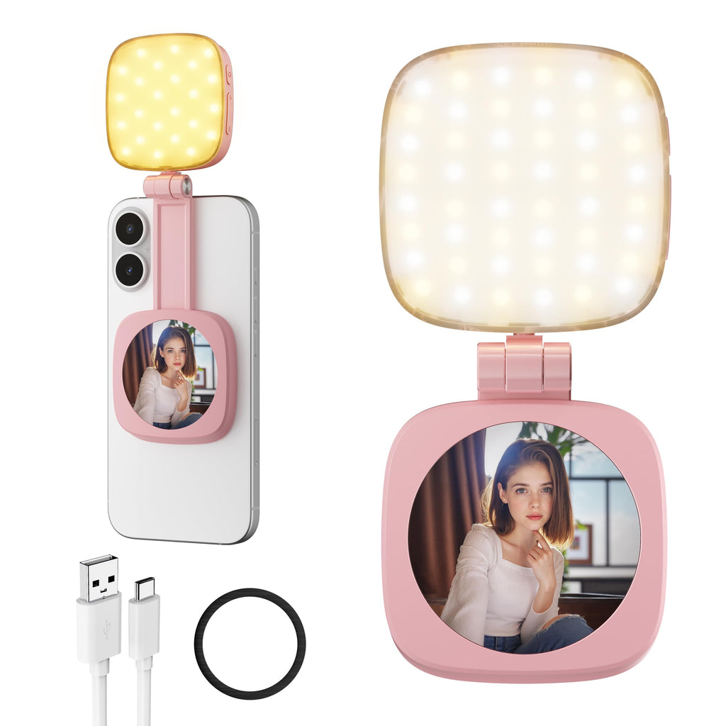 Cocobeen Magnetic Selfie Light for Phone: 5 Led Mode with Mirror Compatible for iPhone & Android - Rechargeable Portable Fill Light for Photography/Video Recording/Conference/Vlog/Makeup（Pink