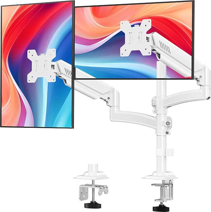 Dual Monitor Stand for Desk, Taller Monitor Arms for 2 Screens up to 32 inch, Ergonomic Adjustable Gas Spring Double Computer Monitor Mount, Holds 4.4-22lbs, VESA 75/100mm, White, Freelift
