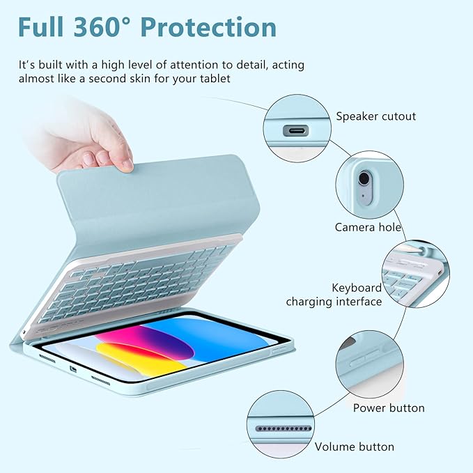 MMK iPad A16 Case (2025, 11"), iPad 10th Generation Case with Keyboard (2022, 10.9"), Wireless Detachable Keyboard, Pencil Holder (Blue)