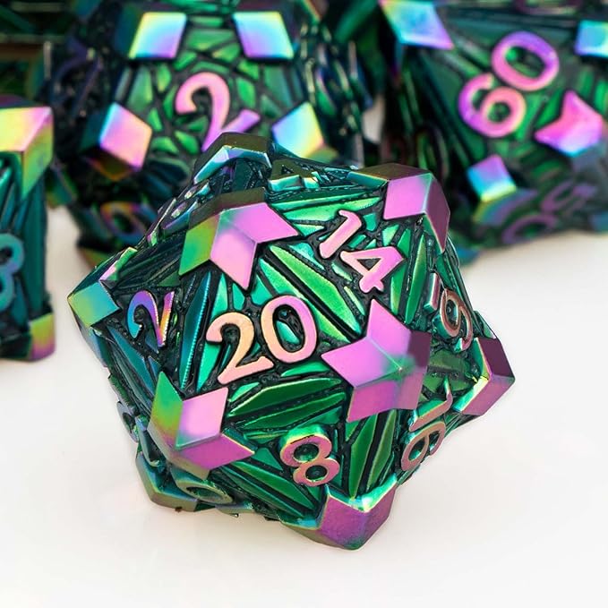7PCS Metal DND Dice Set with Box, Debris RPG Red D and D Dice for use with D&D Tabletop Games Role Playing Game Polyhedral Dice Set D20 D12 D10 D8 D6 D4