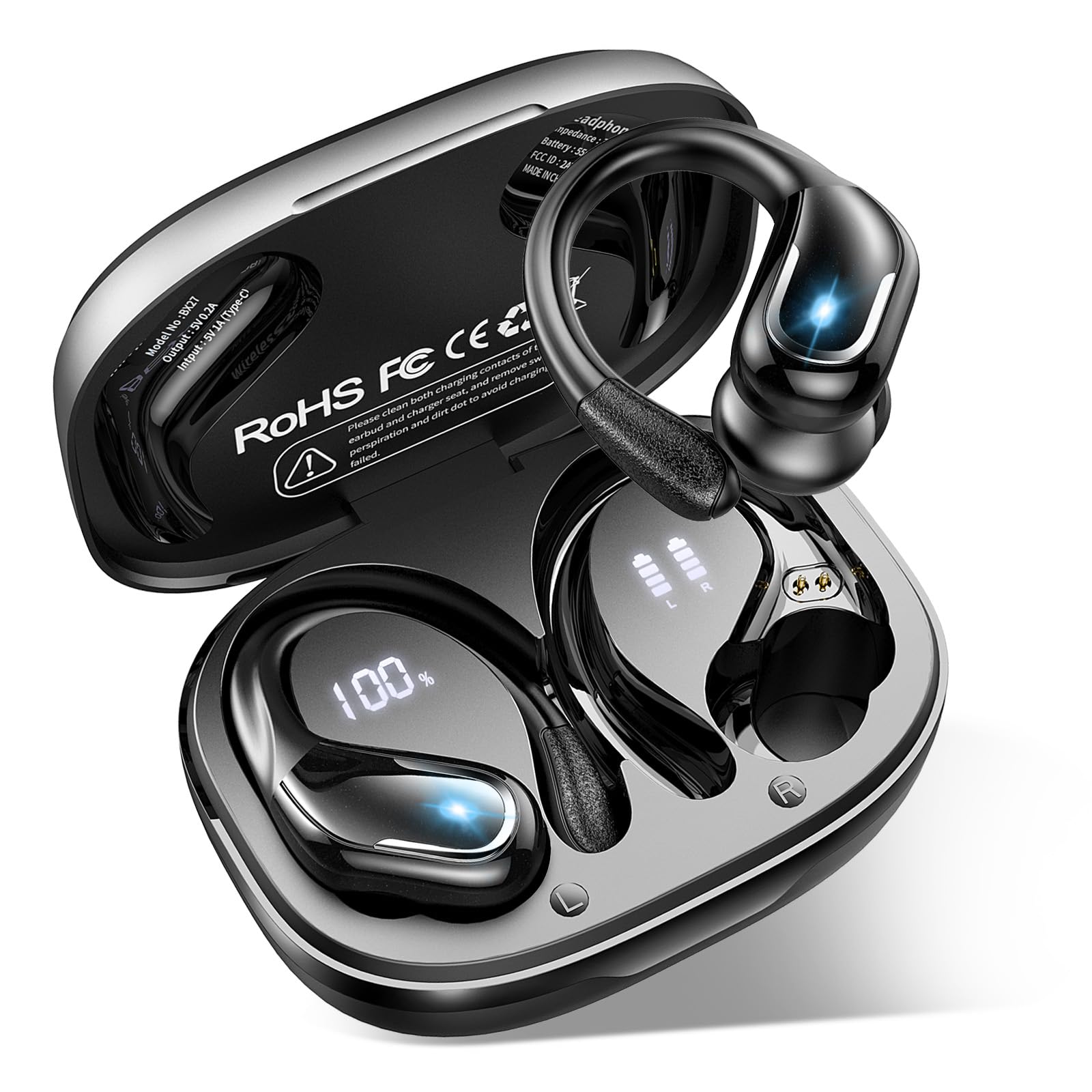 Ltinist Wireless Earbud, Bluetooth 5.3 Headphones Pure Bass Sound with Earhooks, 75H Battery Over Ear Headphones with Dual-LED Display, IP7 Waterproof Earphones Built-in Microphone for Running Sports
