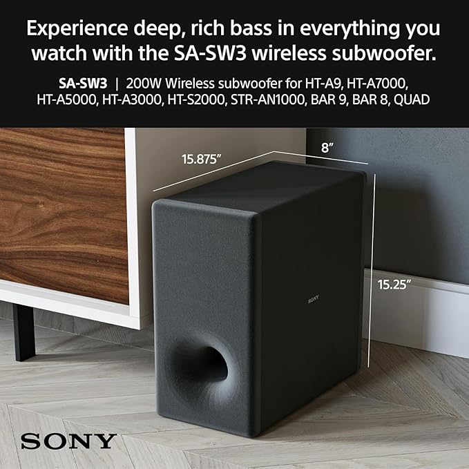 Sony BRAVIA Theater Bar 8 11-Speaker Soundbar (HT-A8000) with SA-SW3 Wireless Subwoofer and SA-RS8 Wireless Rear Speakers Home Theater System Bundle
