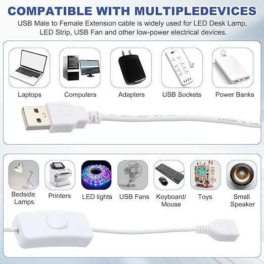 MECCANIXITY USB Extension Cable with ON/Off Toggle Switch 1m USB Male to Female Extension Cord for Desk Lamp Fan LED Light Strip White Pack of 1