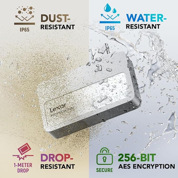 Lexar 2TB Professional Go Portable SSD w/Hub, Supports Apple 4K 60fps ProRes, Up to 1050MB/s, USB 3.2 Gen 2, Rugged, IP65, Ultracompact, Compatible w/iPhone 15/16, External SSD (LSL400S002T-RNSNU)