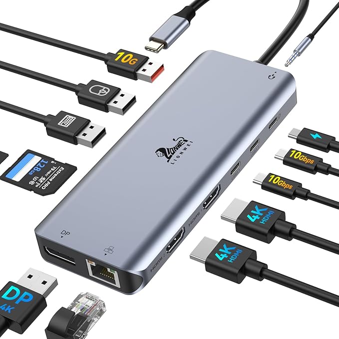 LIONWEI Laptop Docking Station 13 in 1 - Dual HDMI+DisplayPort+10Gbps, 6 USB C/A, 100W PD, Ethernet, SD/TF, Audio, USB C Hub for MacBook/Dell/HP/Surface