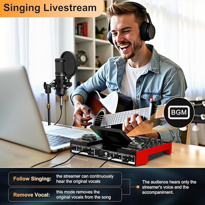 Audio Mixer, Sound Board for Pc/Phone Live Streaming Singing Gaming, Sound Mixer for 3.5mm/Xlr Dynamic/48V Microphone, Live Sound Card with DJ Mixer Effects & Voice Changer, Denoise, One Click Mute