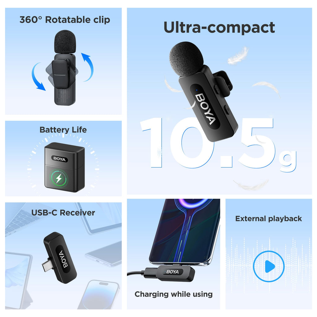 BOYA BY-V30 Wireless Lavalier Microphone,USB Type-C Mini Laple Mics for iPhone16,Android Smartphone,36H Battery,Noise Reduction,328FT Range Clip-on Condenser Mic for YouTube Interview TikTok