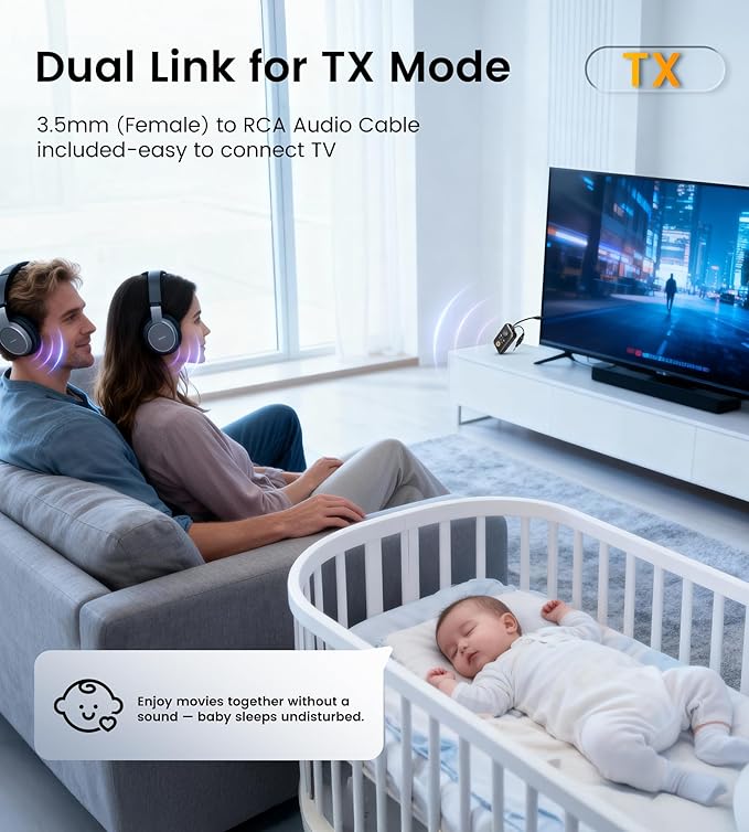 Unique Design Bluetooth 5.4 Transmitter Receiver with Qualcomm aptX Adaptive for Dual AirPods/Headphones, 3.5mm Aux Jack & USB C Bluetooth Adapter for Airplane/TV/PS5/Gym/Phone/Tablet/Car(for TV)