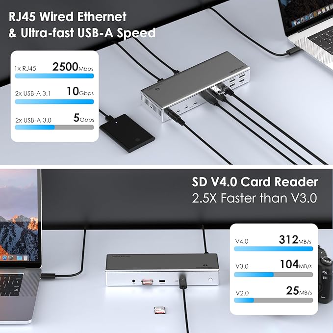 WAVLINK Thunderbolt 4 Dock with 100W Charging, Displaylink Docking Station Quad 4K@60Hz Monitors,3 Thunderbolt 4 Ports, 2.5G Ethernet, USB C Docking Station for Mac and PC,Displaylink Driver Required