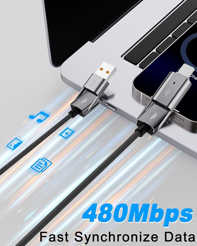 2Pack 4 in 1 USB C Cable Fast Charging PD 65W 27W Multi Charger Cord with Type C/USB A/L Port, 3FT Round Braided Dual USB-C Cable for iPhone 16 15 14 Pro Max/Samsung/i-Pad/MacBook
