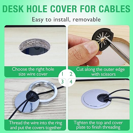 2 Pcs Desk Grommet 2-3/8" / 60 mm, Desk Cord Hole Cover, Cable Grommet Metal Zinc Alloy Materilal, Desk Hole Grommet for Home & Office Pc, Detachable Cable Cord Organizer-Bright Silver