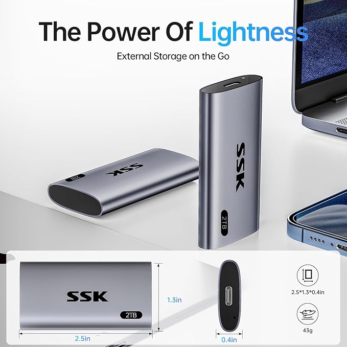 SSK 2TB SSD External Hard Drive, Portable SSD Up to 550MB/s Fast Solid State Drives, External Drive USB 3.2 Gen2 SSD for iPhone 15/Pro, Windows, Mac, Android with LED Light, Trim, Smart Supported