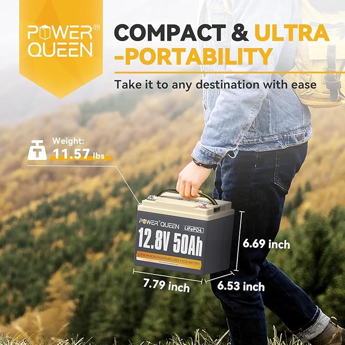Power Queen 12V 50Ah LiFePO4 Battery with 14.6V 10A LiFePO4 Battery Charger, Built-in 50A BMS, Fast and Fully Charged, 15000+ Cycles, Perfect for Kayak Trolling Motor, RV Trailer, Solar Application