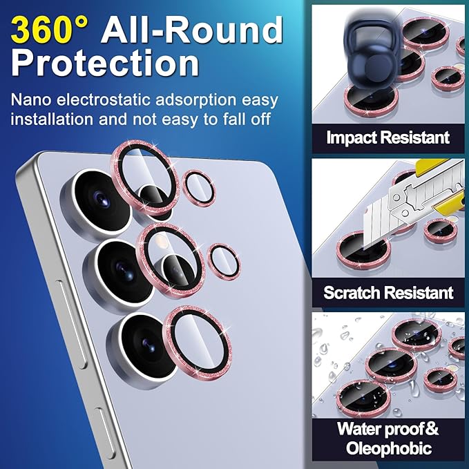 for Samsung Galaxy S25 Ultra Camera Lens Protector, Individual Metal Ring Tempered Glass Lens Cover, [Strong Adsorption] Scratch Resistant Ultra-Thin HD Clear Lens Cover, 1 Set-Pink Sparkly