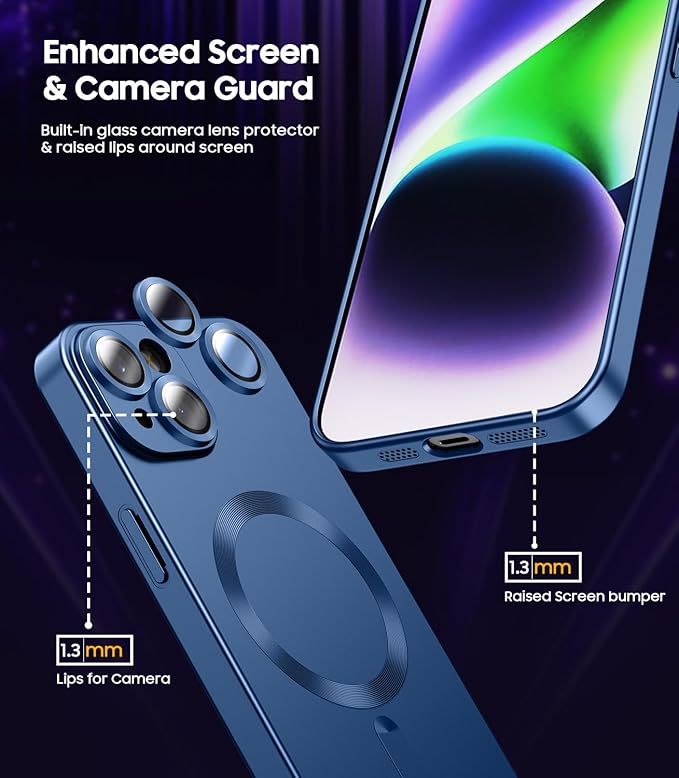 Magnetic for iPhone 15 Case [Compatible with MagSafe][Built-in Camera Lens Protector] Slim Soft Silicone Bumper Shockproof Metallic Shine Phone Case (Blue)