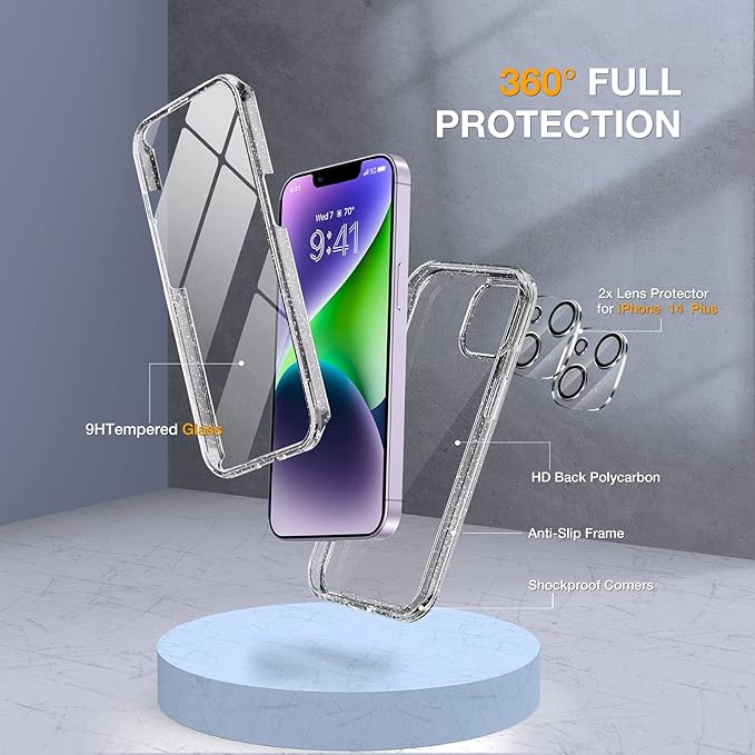 Miracase Designed for iPhone 14 Case 6.1 inch, [Built-in Tempered Glass Screen Protector] [Bubble Free] Full-Body Protective Bumper Phone Case with Camera Lens Protector, Clear Glitter