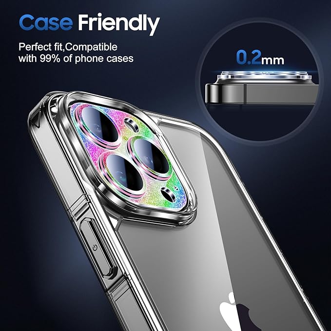 UniqueMe 3 Packs Compatible for iPhone 13 Pro Max/iPhone 13 Pro Camera Lens Protector Acrylic [Not Glass],[Case Friendly][Scratch-Resistant][Night Shooting Mode]-Glitter Colorful