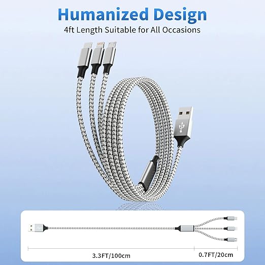 Multi Charging Cable, (2 Pack 4FT) Multi USB Charger Cable 3 in 1 Charging Nylon Braided Fast Charging Cord with Type-C, Micro USB, IP Port for Most Phones/iPhones/Tablets